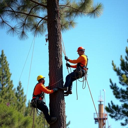 Arborists using advanced rigging for a large pine tree removal