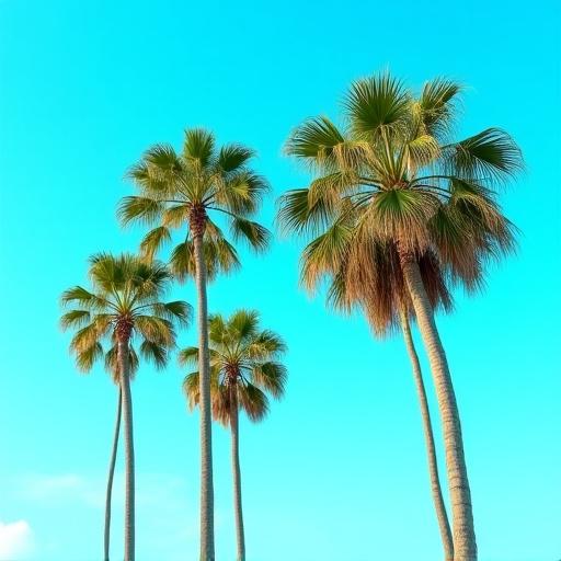 Beautifully manicured and trimmed palm trees contrasting with the blue Florida sky