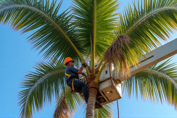 Arborist carefully trimming a palm tree