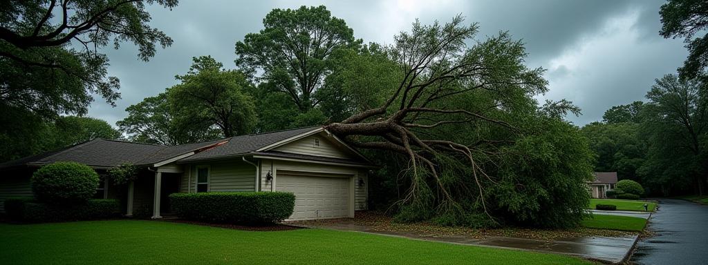 Fallen tree on a house roof after a hurricane, emphasizing emergency tree service need