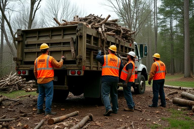 Treemasters team loading storm debris onto a truck for removal
